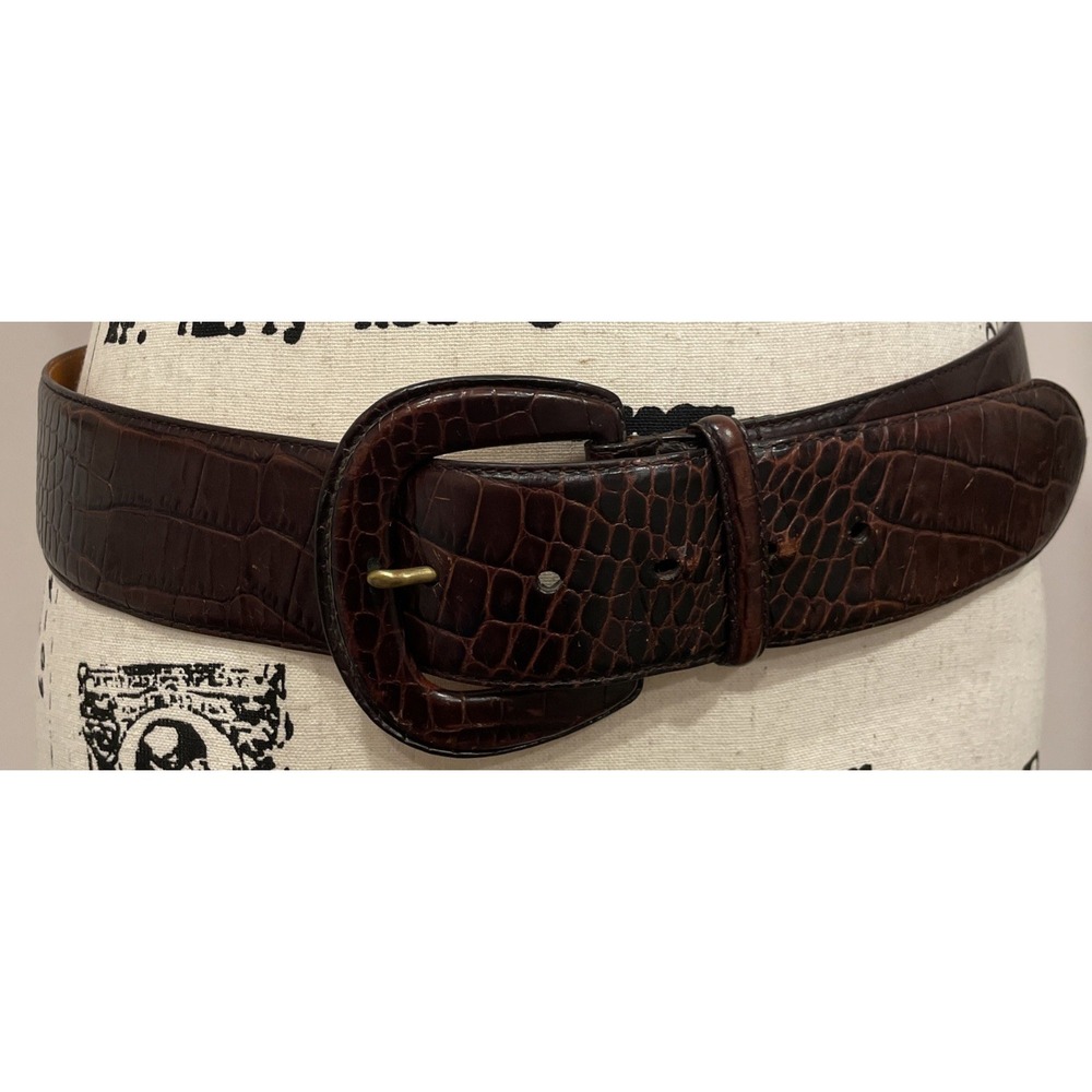 Vintage Women's Lauren Ralph Lauren Brown Croc Embossed Leather Belt Size M